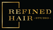 Logo of Refined Hair Studio with gold text on a black background