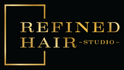 Logo of Refined Hair Studio with gold text on a black background